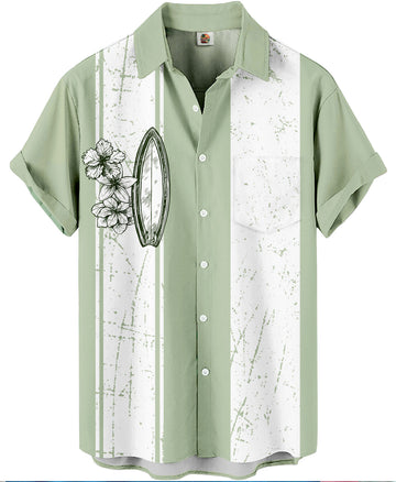 Sage Green Hawaiian Shirt – Surfboard and Floral Print – Moonbestprint