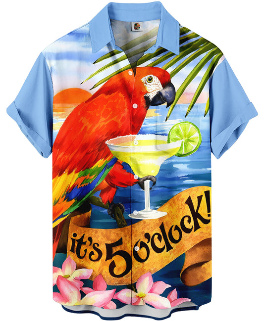 Light Blue Hawaiian Shirt – Parrot and 5 O'Clock Margarita Print - Moonbestprint