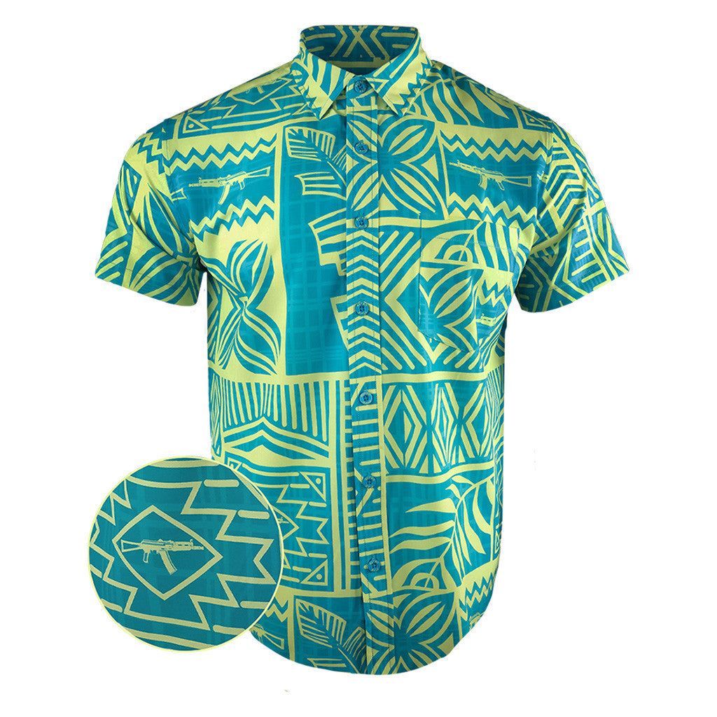 High Tide Teal Button Down Shirt Gun Print Hawaiian Shirt Birthday Gift For Husband – Moonbestprint