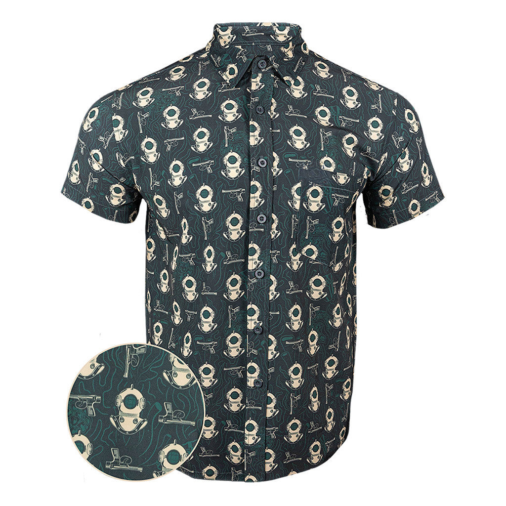 Deep Dive Green Button Down Shirt Gun Print Hawaiian Shirt Christmas Gifts For Husband – Moonbestprint