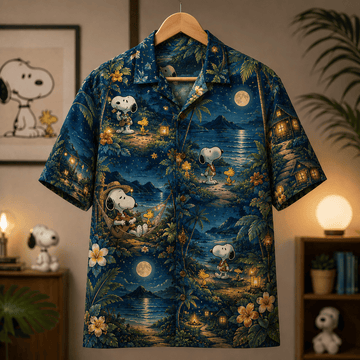 Snoopy Moonlit Tropical Paradise Hawaiian Shirt