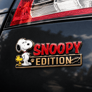 Snoopy & Woodstock Edition Laser Engraved Car Emblem Badge – Crimson Gold Version