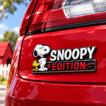 Snoopy & Woodstock Edition Laser Engraved Car Emblem Badge – Redline Chrome Version