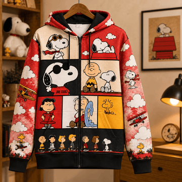 Snoopy Comic Sky Adventures 3D Zip Hoodie ��� Sunset Red Version