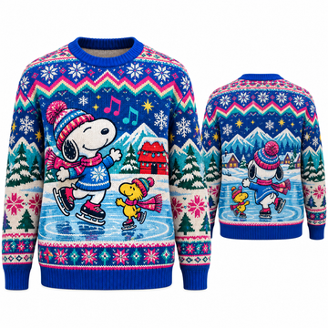 Snoopy & Woodstock Winter Skate Party Ugly Christmas Sweater
