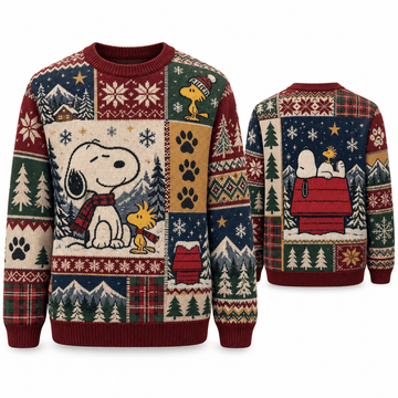 Snoopy & Woodstock Cozy Patchwork Christmas Ugly Sweater