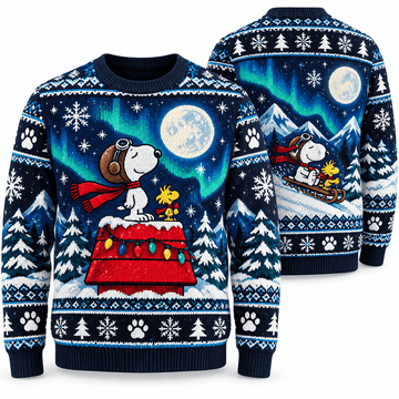 Snoopy & Woodstock Northern Lights Winter Adventure Ugly Sweater
