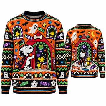 Snoopy & Woodstock Trick-or-Treat Candy House Halloween Ugly Sweater