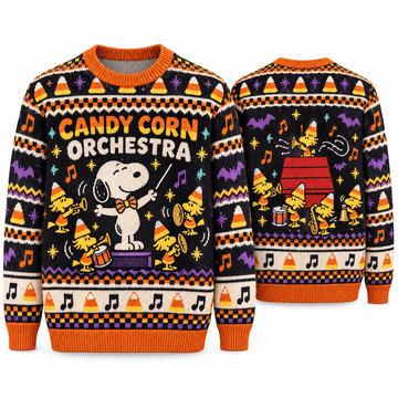 Snoopy & Woodstock Candy Corn Orchestra Halloween Ugly Sweater