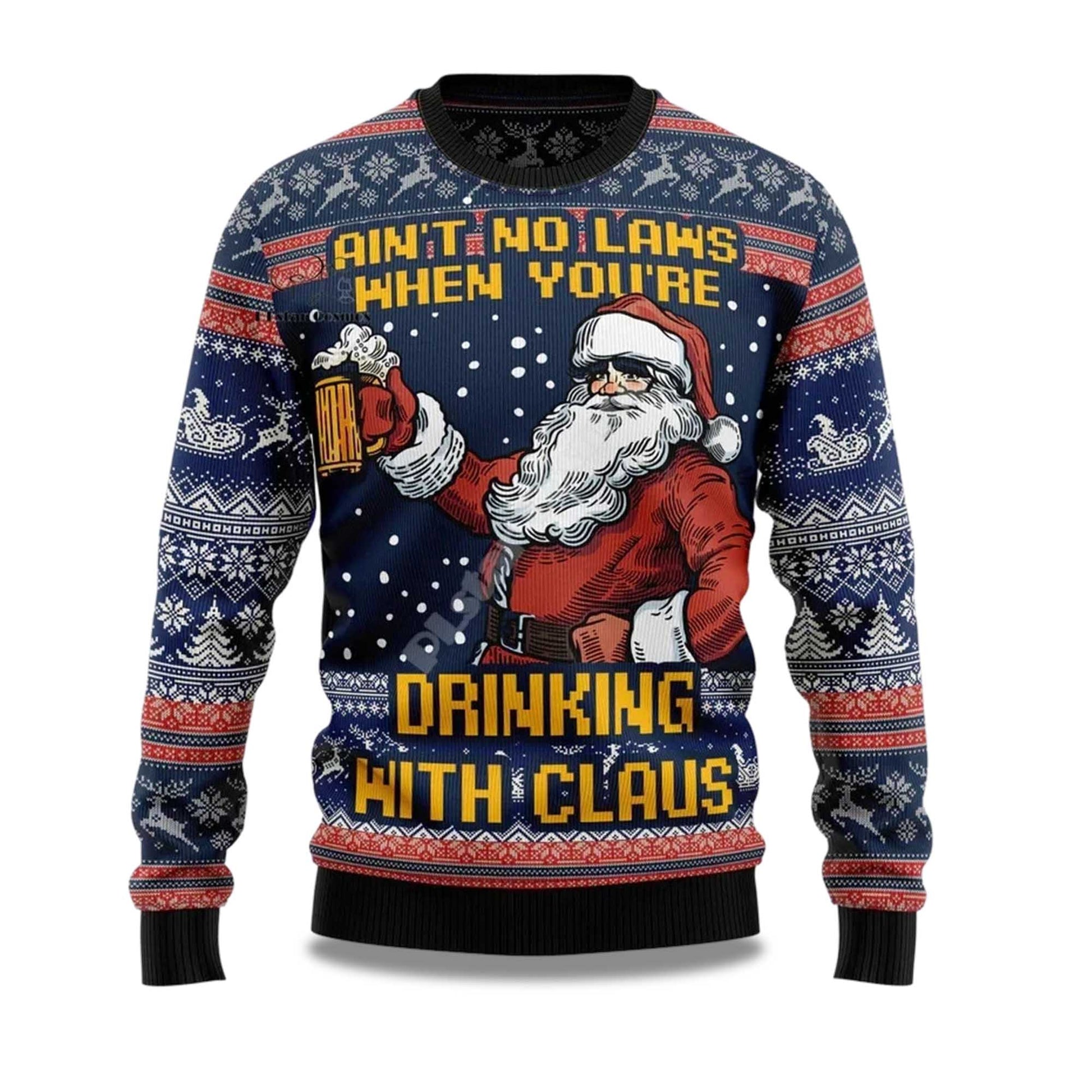 2026 Ain't No Laws When You're Drinking with Claus Ugly Christmas Sweater Moonbestprint