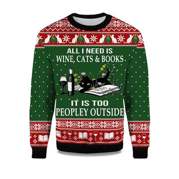 2026 All I Need Is Wine Cats And Books Black Cat Ugly Christmas Sweater Moonbestprint