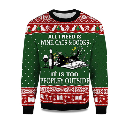 2026 All I Need Is Wine Cats And Books Black Cat Ugly Christmas Sweater Moonbestprint