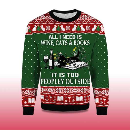 2026 All I Need Is Wine Cats And Books Black Cat Ugly Christmas Sweater Moonbestprint