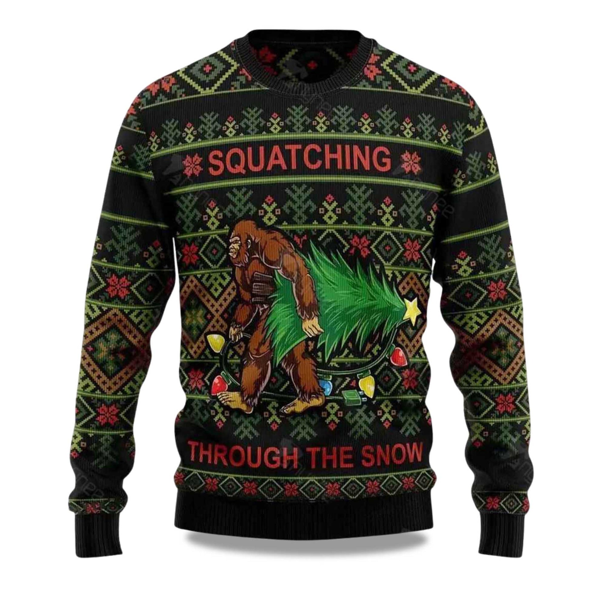 2026 Bigfoot Squatching Through The Snow Ugly Christmas Sweater Moonbestprint