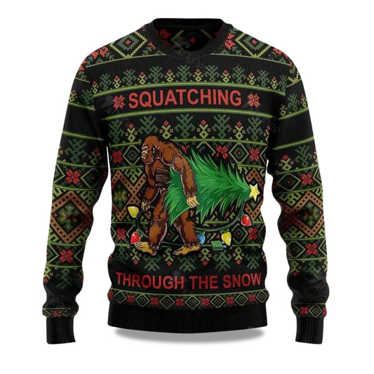 2026 Bigfoot Squatching Through The Snow Ugly Christmas Sweater Moonbestprint