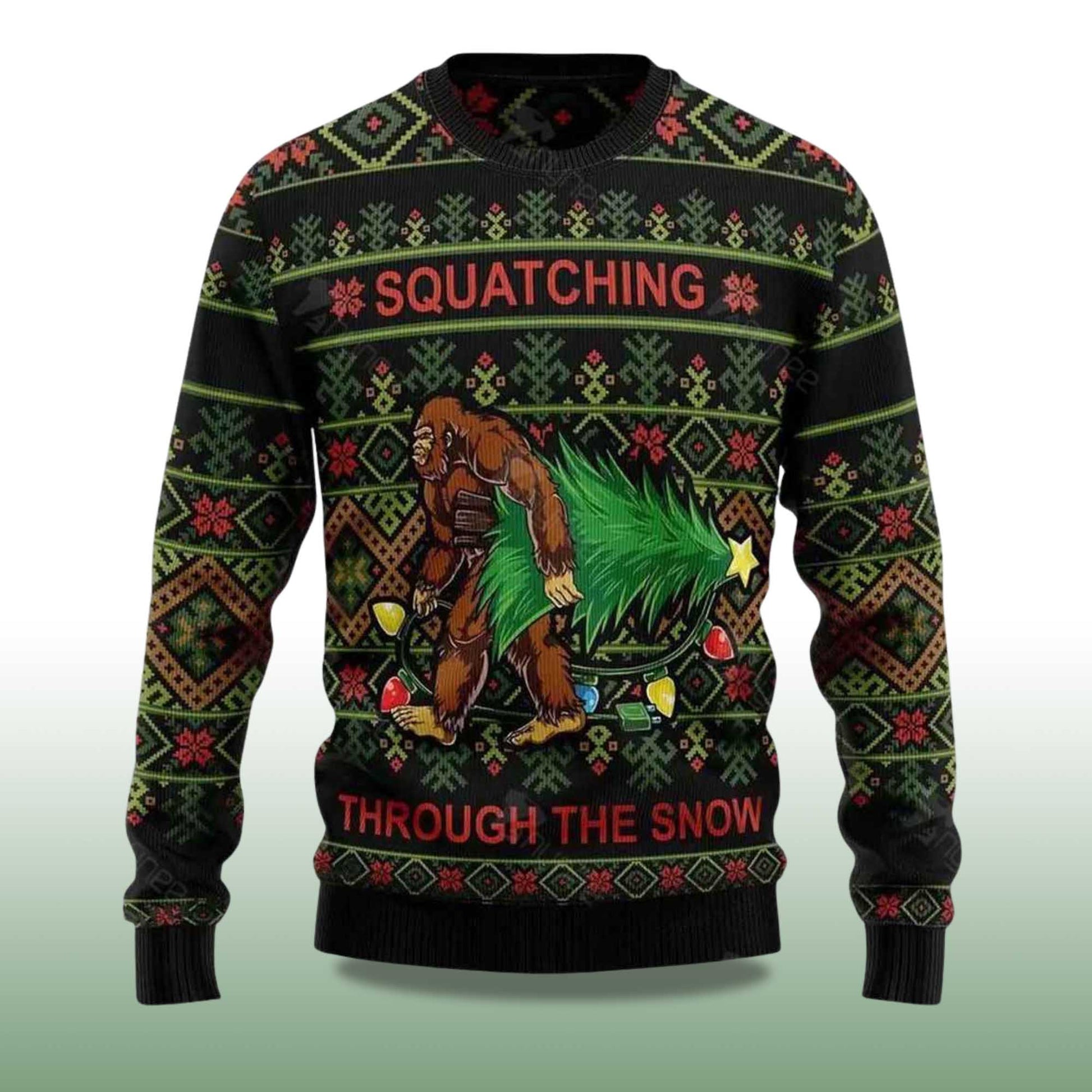 2026 Bigfoot Squatching Through The Snow Ugly Christmas Sweater Moonbestprint