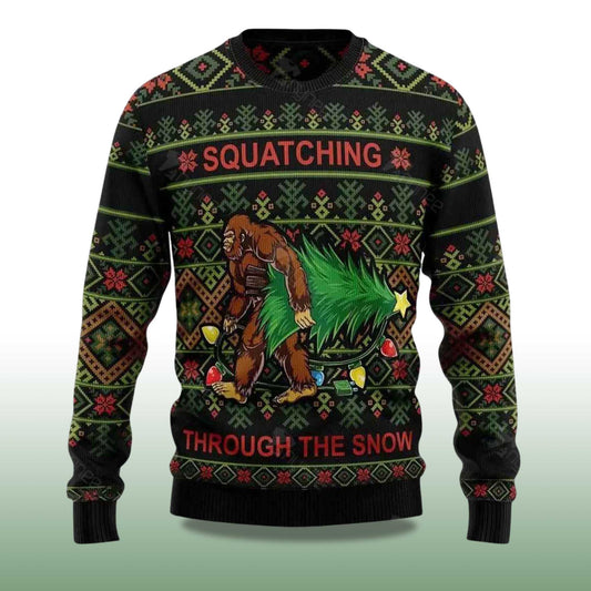 2026 Bigfoot Squatching Through The Snow Ugly Christmas Sweater Moonbestprint
