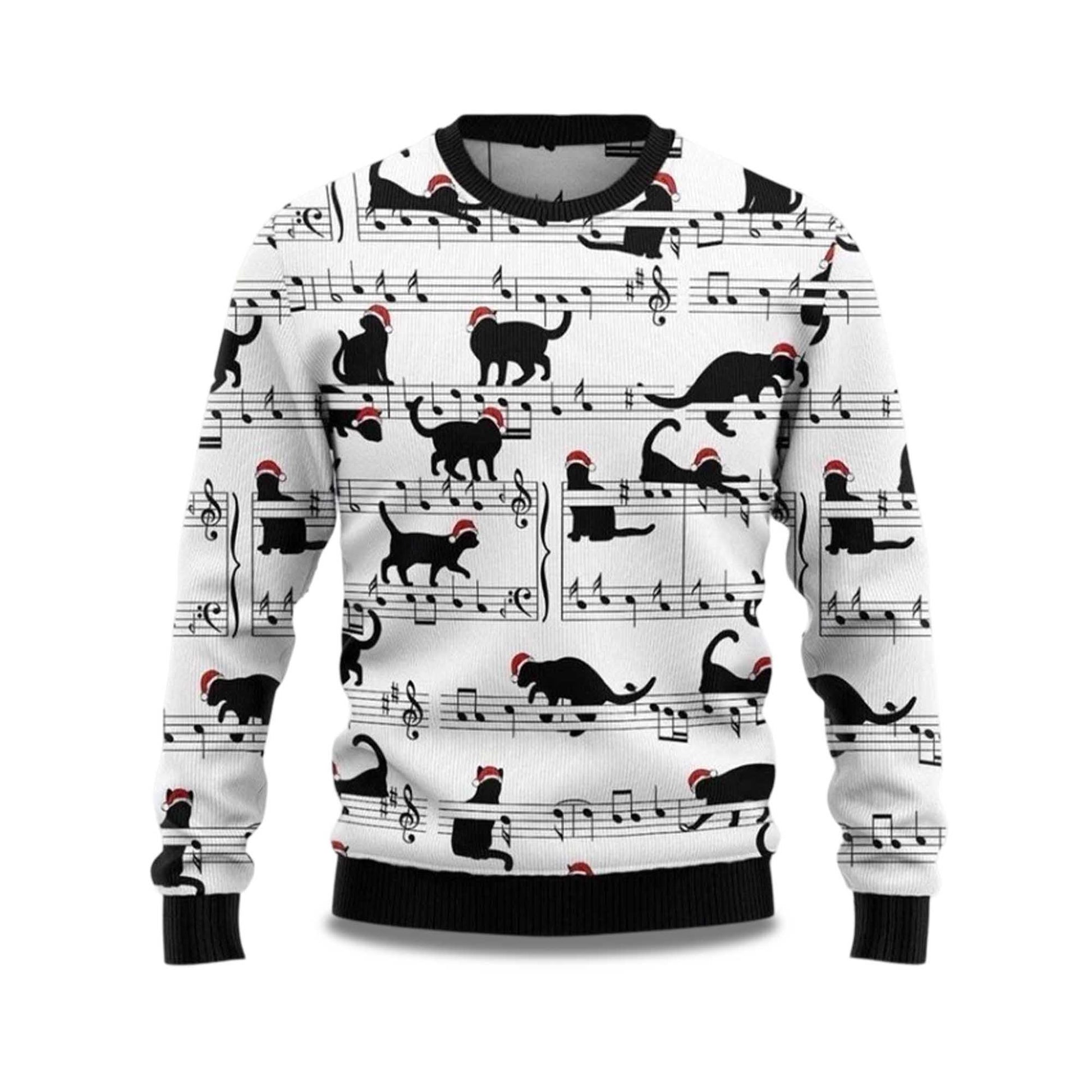 2026 Black Cat Christmas Music Ugly Christmas Sweater Moonbestprint