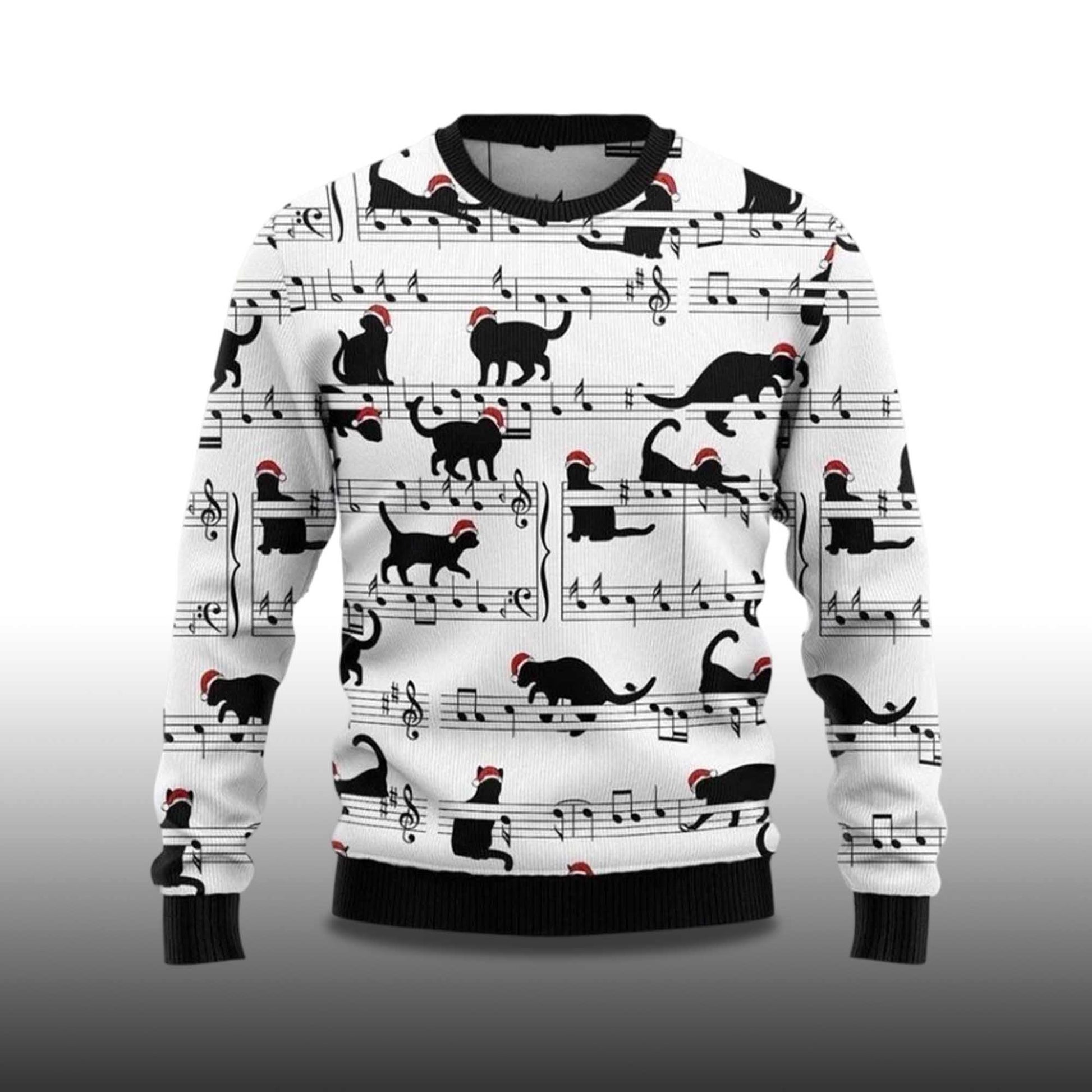 2026 Black Cat Christmas Music Ugly Christmas Sweater Moonbestprint