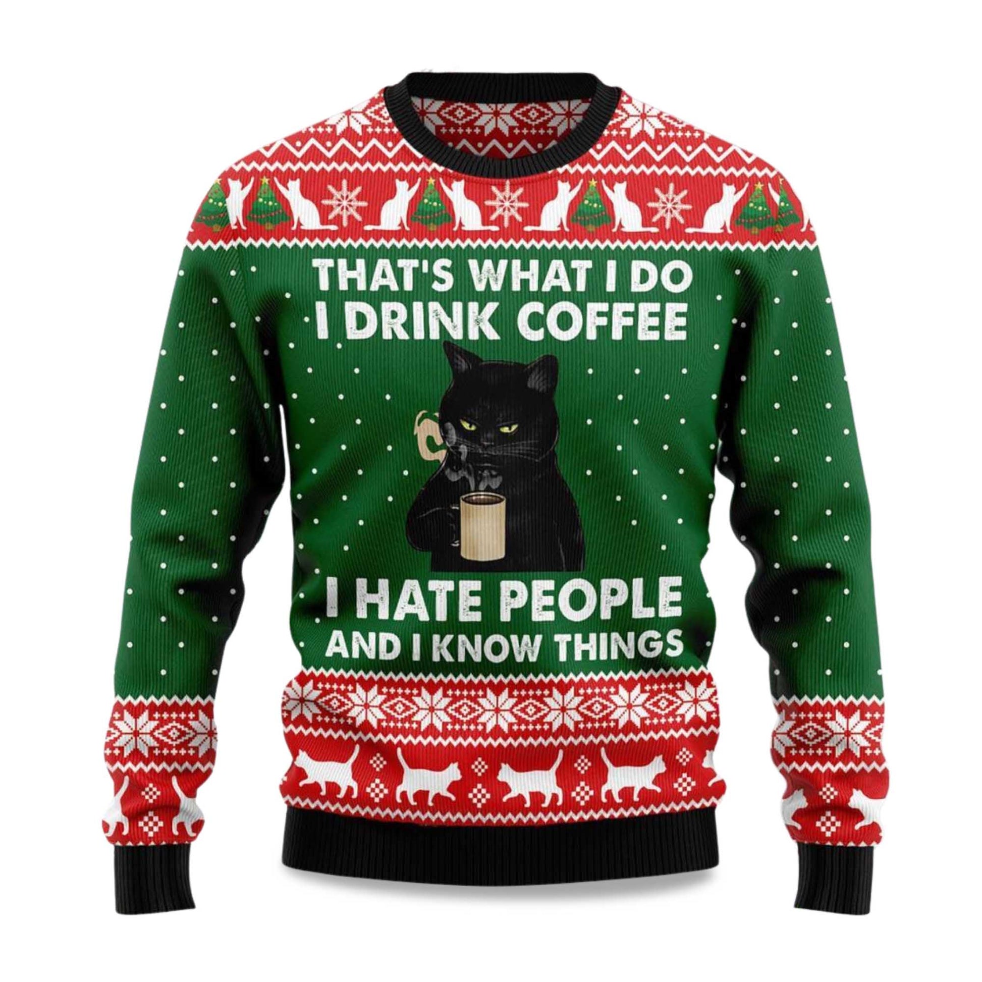 2026 Black Cat Drink Coffee Christmas Ugly Sweater Moonbestprint