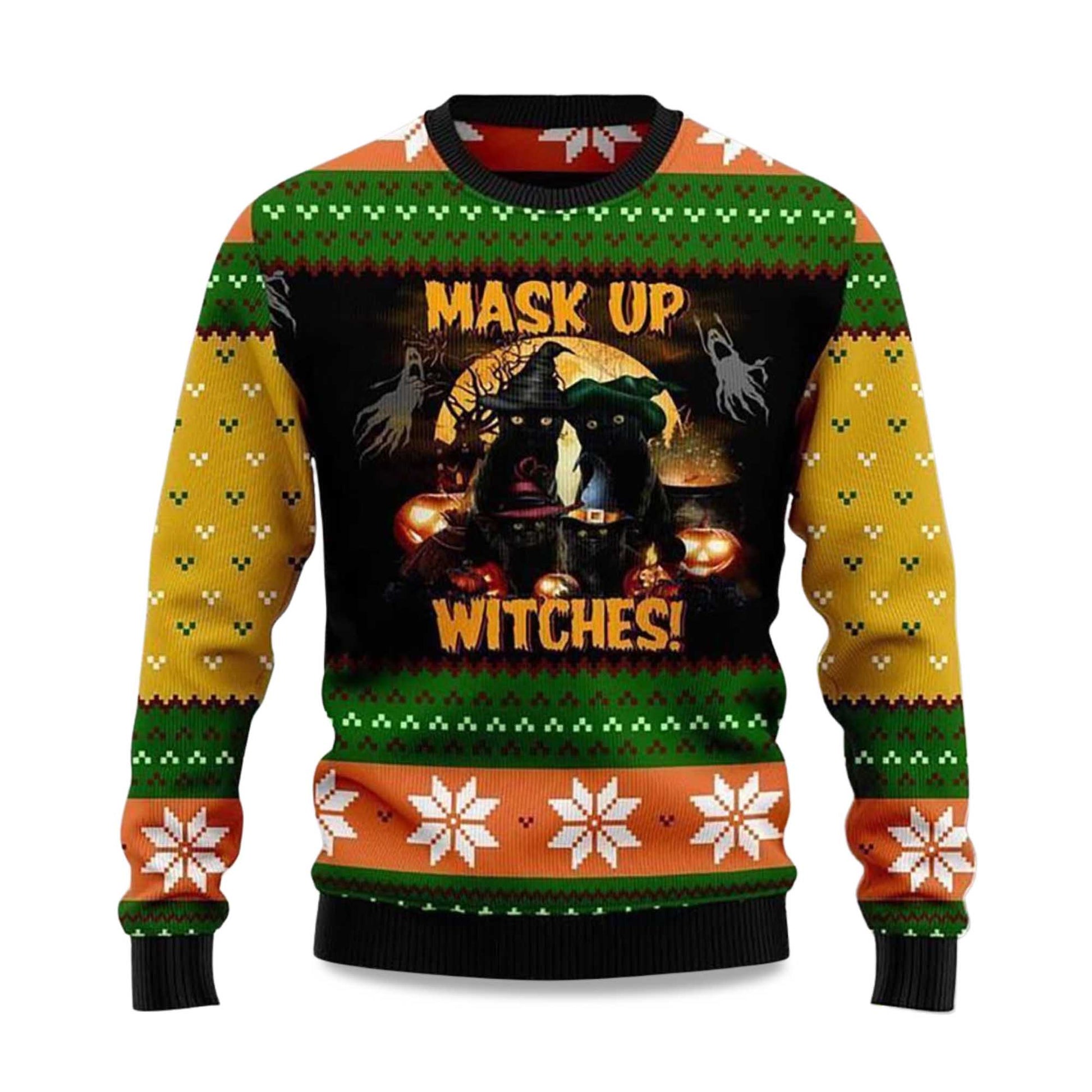 2026 Black Cat Mask up Witches Ugly Christmas Sweater Moonbestprint