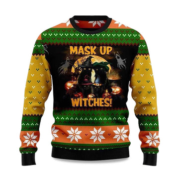 2026 Black Cat Mask up Witches Ugly Christmas Sweater Moonbestprint