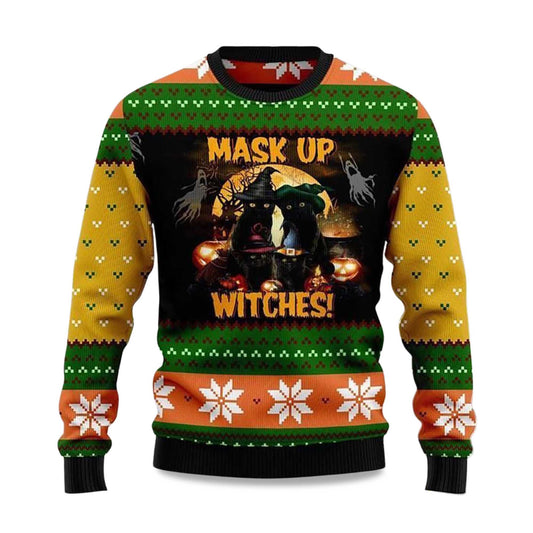 2026 Black Cat Mask up Witches Ugly Christmas Sweater Moonbestprint