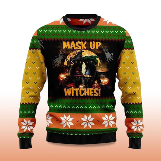 2026 Black Cat Mask up Witches Ugly Christmas Sweater Moonbestprint