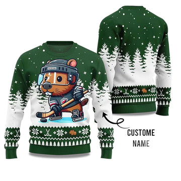 2026 Capybara Playing Hockey Ugly Christmas Sweater Moonbestprint