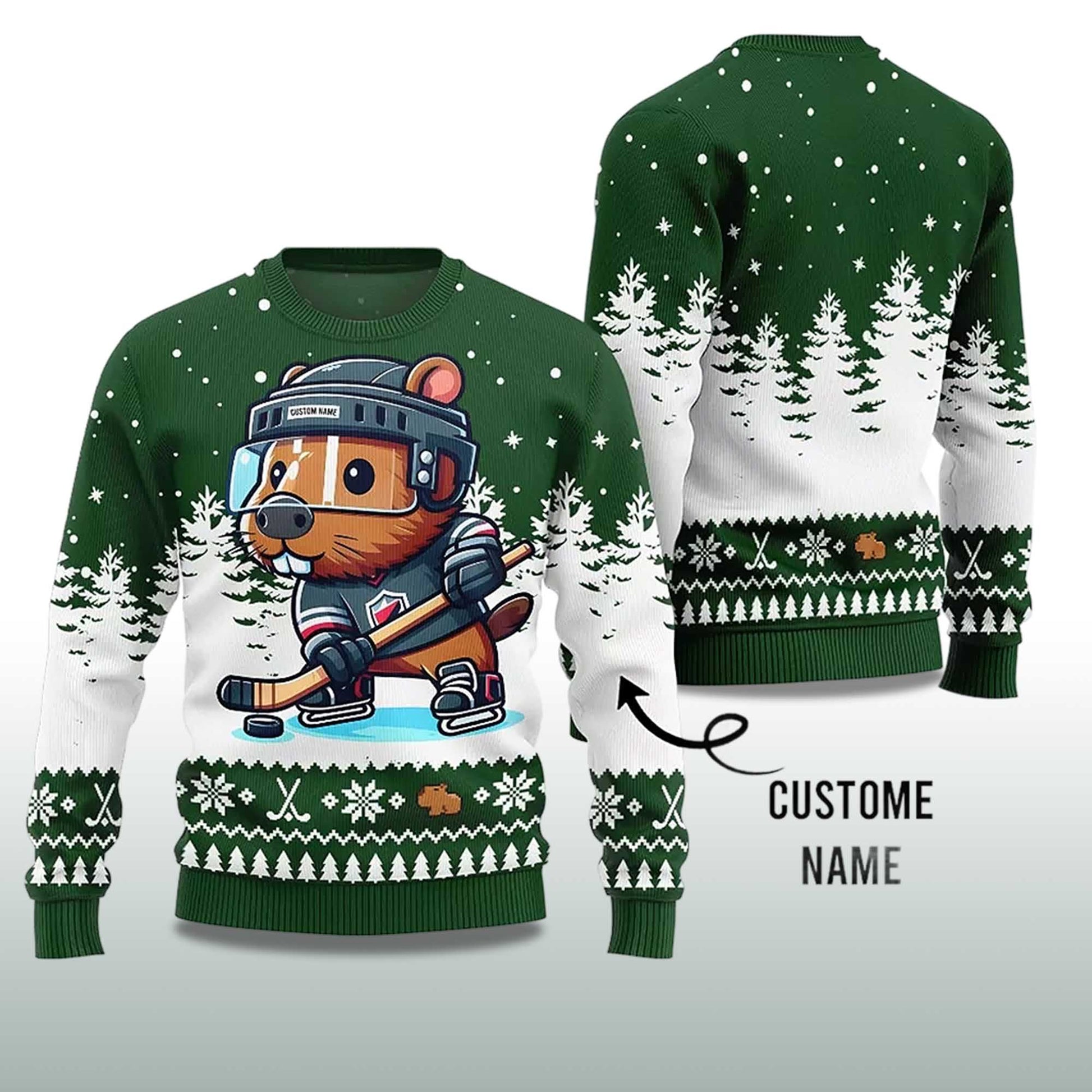 2026 Capybara Playing Hockey Ugly Christmas Sweater Moonbestprint