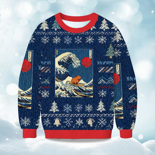 2026 Capybara Surfing Christmas Ugly Sweater Moonbestprint