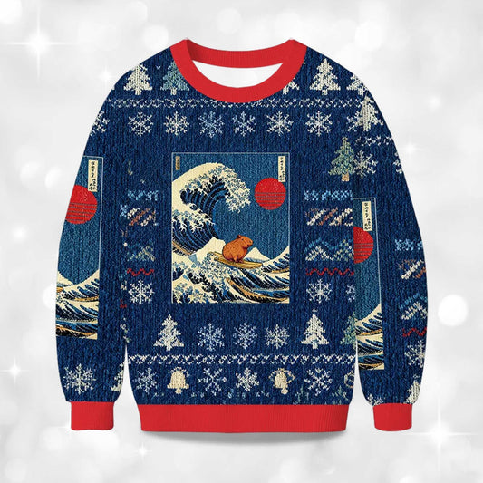 2026 Capybara Surfing Christmas Ugly Sweater Moonbestprint