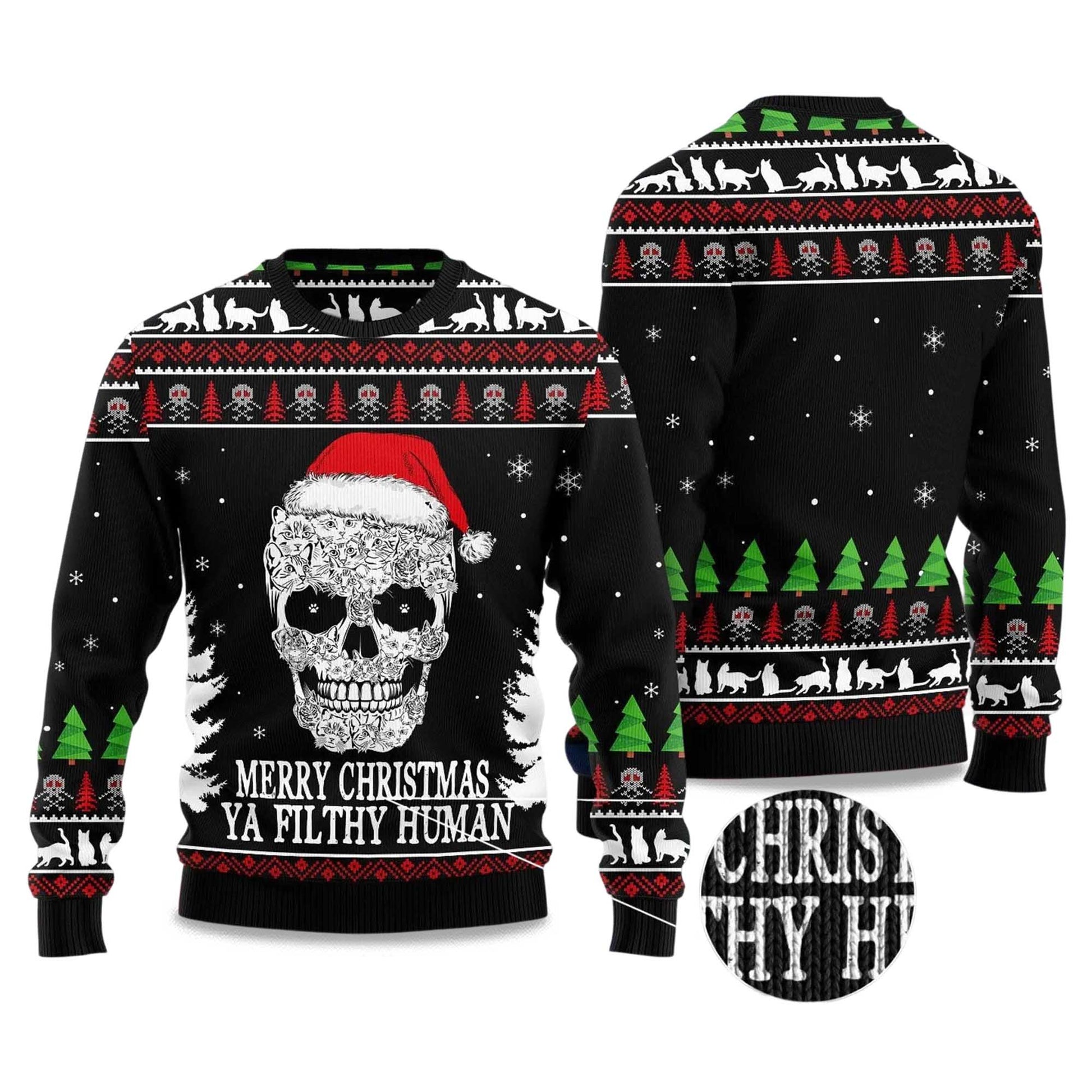 2026 Cat Skull Santa Ugly Christmas Sweater Moonbestprint