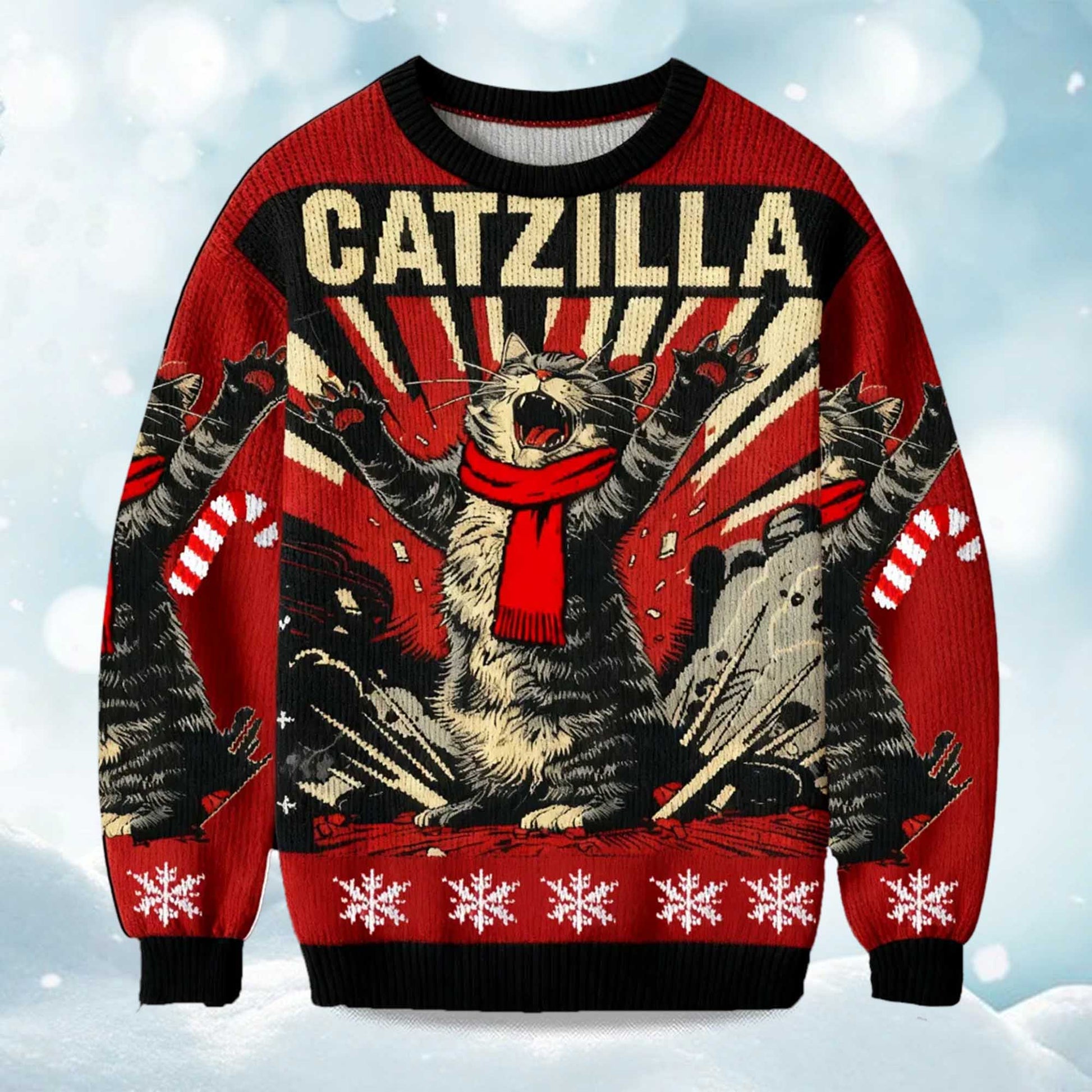 2026 Catzilla Roaring Funny Cat Retro Christmas Ugly Sweater Moonbestprint