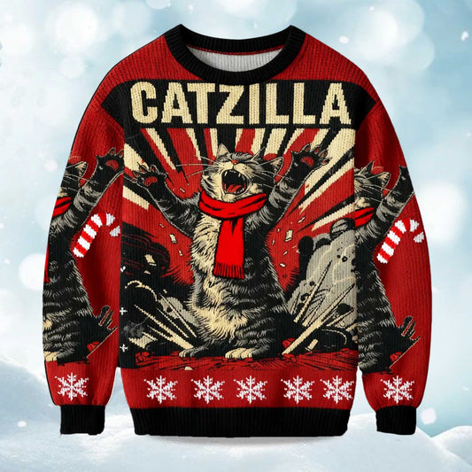 2026 Catzilla Roaring Funny Cat Retro Christmas Ugly Sweater Moonbestprint