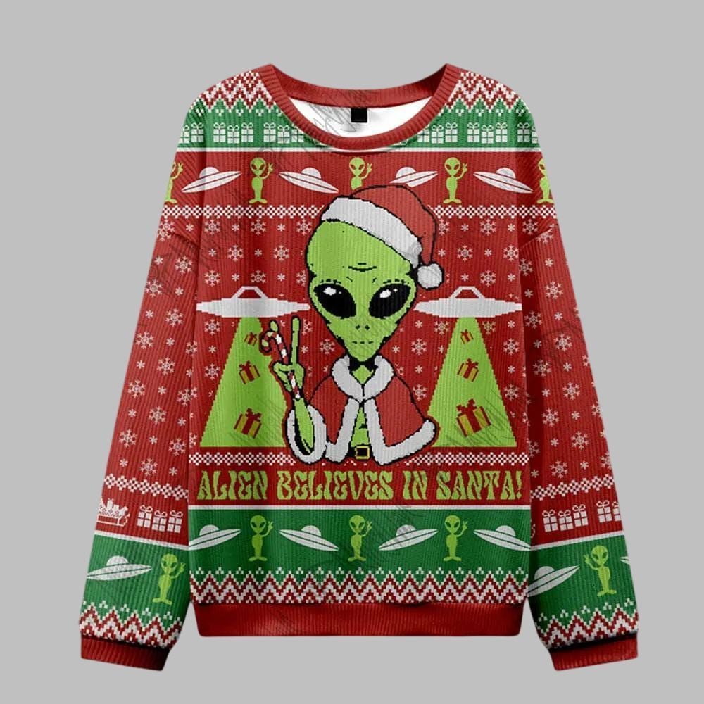 2026 Christmas Alien Believes in Santa Ugly Christmas Sweater - Moonbestprint