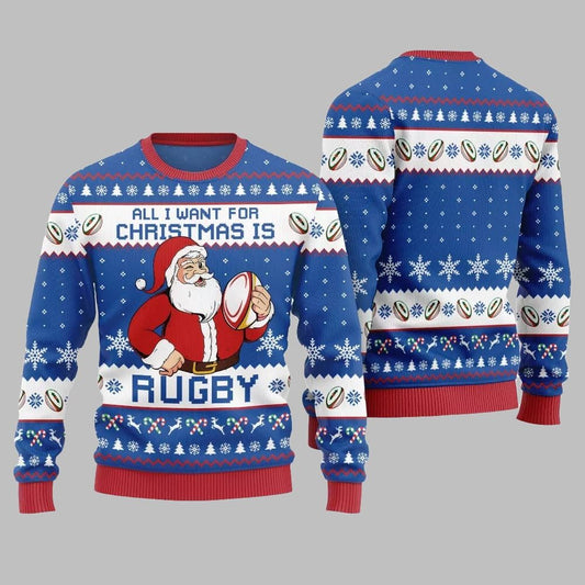 2026 Christmas All I Want For Christmas Is Rugby Ugly Christmas Sweater - Moonbestprint