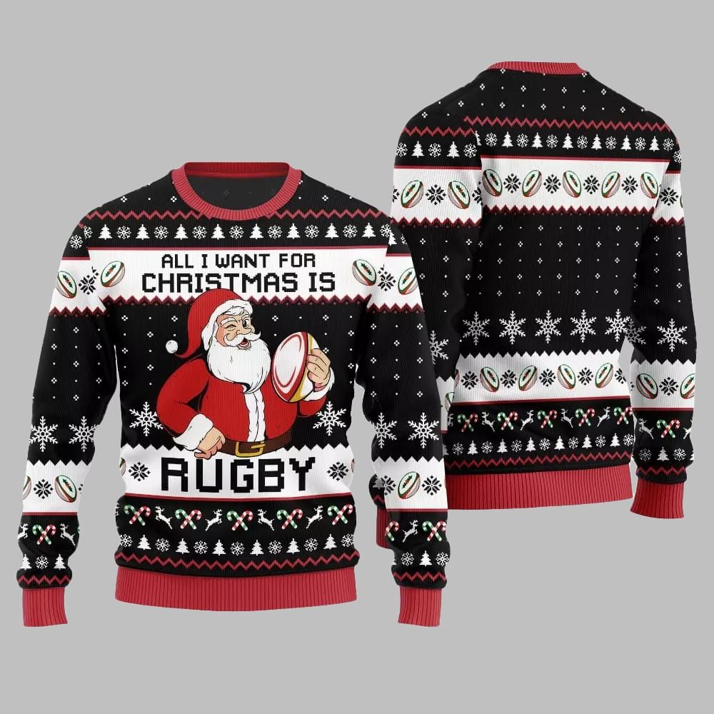 2026 Christmas All I Want For Christmas Is Rugby Ugly Christmas Sweater - Moonbestprint