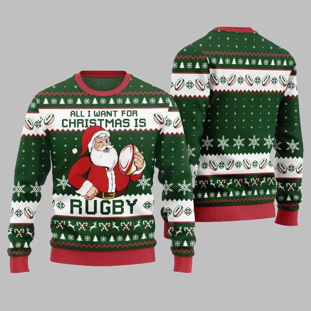 2026 Christmas All I Want For Christmas Is Rugby Ugly Christmas Sweater - Moonbestprint