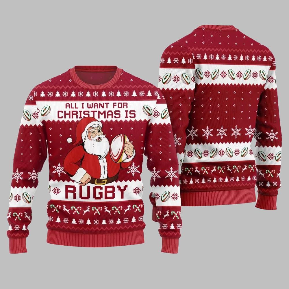 2026 Christmas All I Want For Christmas Is Rugby Ugly Christmas Sweater - Moonbestprint