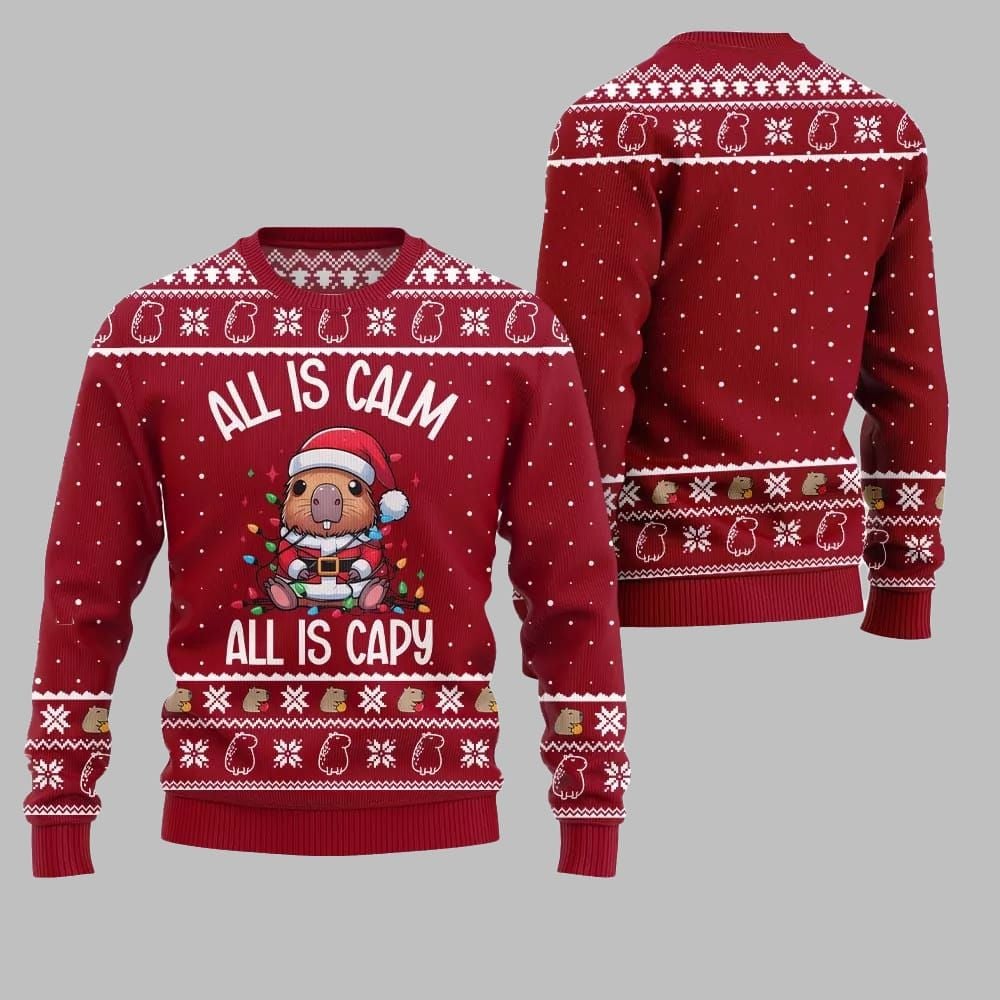 2026 Christmas All Is Calm Capybara Ugly Christmas Sweater - Moonbestprint