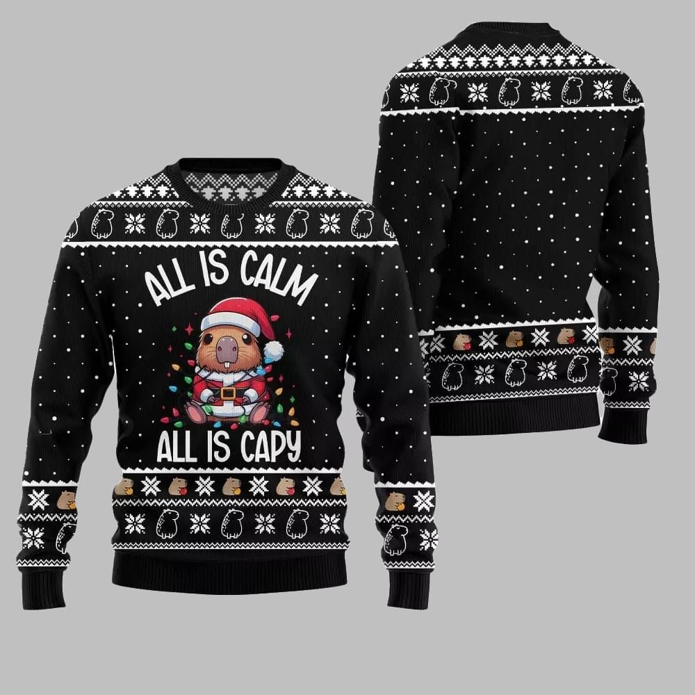 2026 Christmas All Is Calm Capybara Ugly Christmas Sweater - Moonbestprint