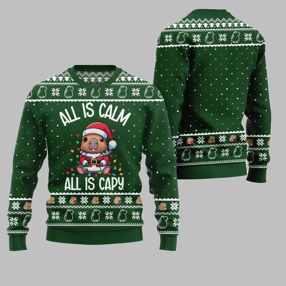 2026 Christmas All Is Calm Capybara Ugly Christmas Sweater - Moonbestprint