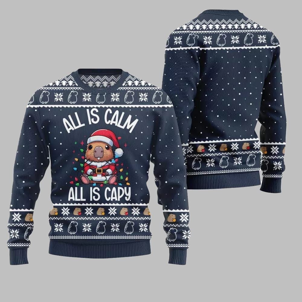 2026 Christmas All Is Calm Capybara Ugly Christmas Sweater - Moonbestprint