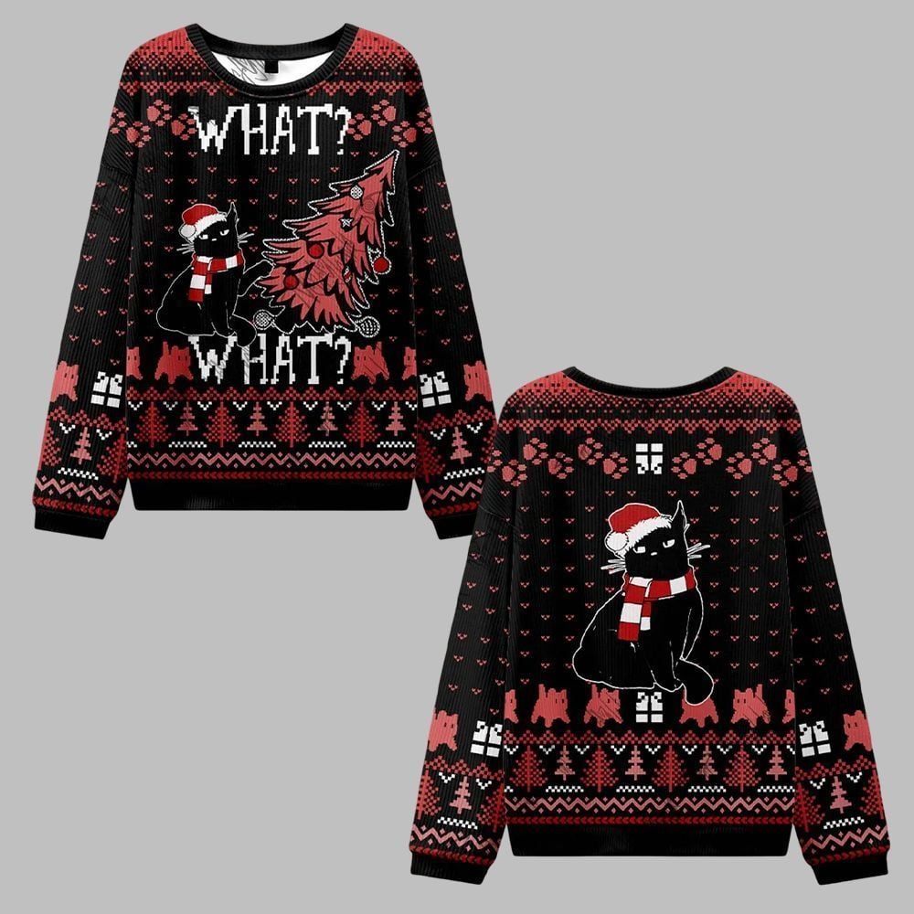 2026 Christmas Black Cat What What Ugly Christmas Sweater - Moonbestprint