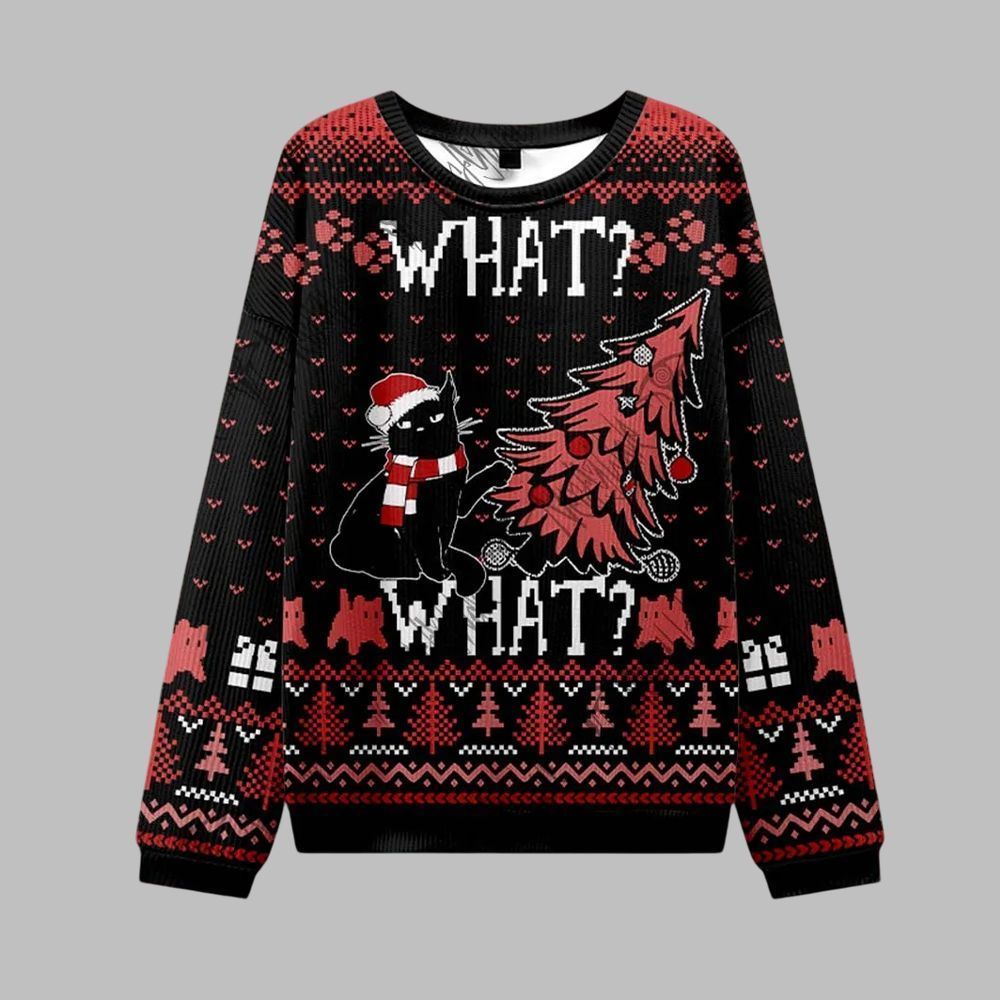 2026 Christmas Black Cat What What Ugly Christmas Sweater - Moonbestprint