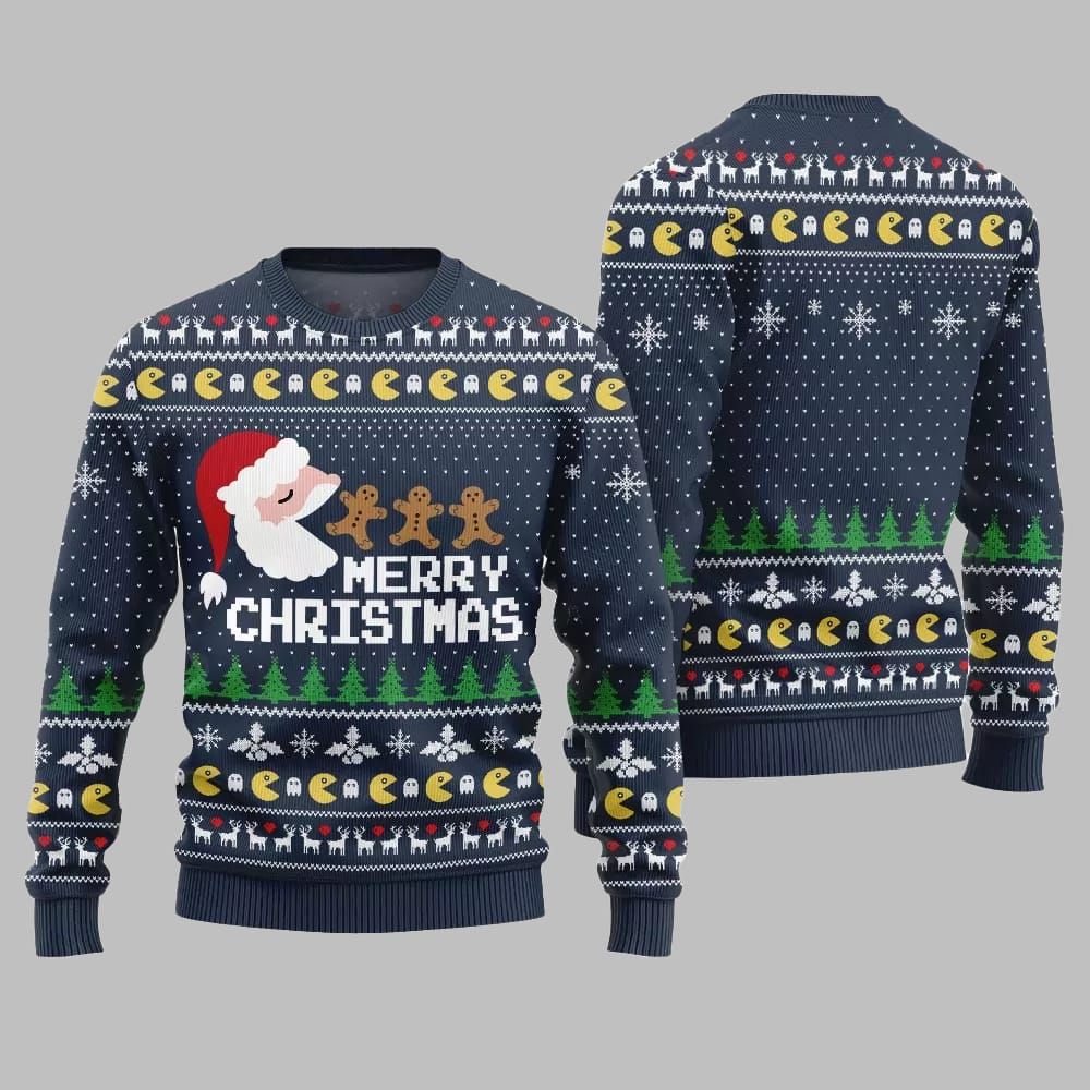 2026 Christmas Bold Pacman Santa Ghost Hunt Ugly Christmas Sweater - Moonbestprint