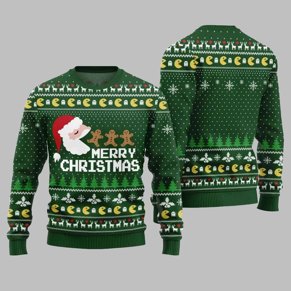 2026 Christmas Bold Pacman Santa Ghost Hunt Ugly Christmas Sweater - Moonbestprint