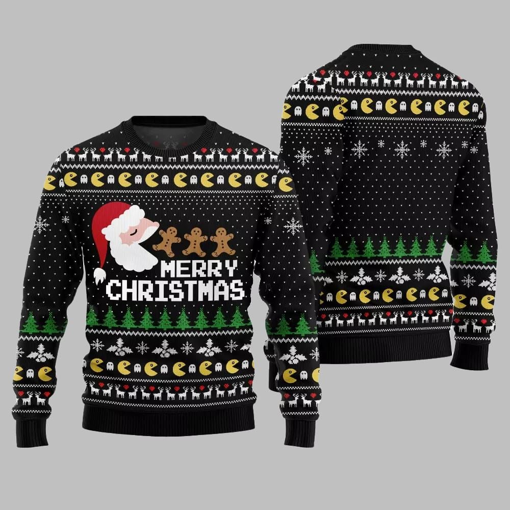 2026 Christmas Bold Pacman Santa Ghost Hunt Ugly Christmas Sweater - Moonbestprint