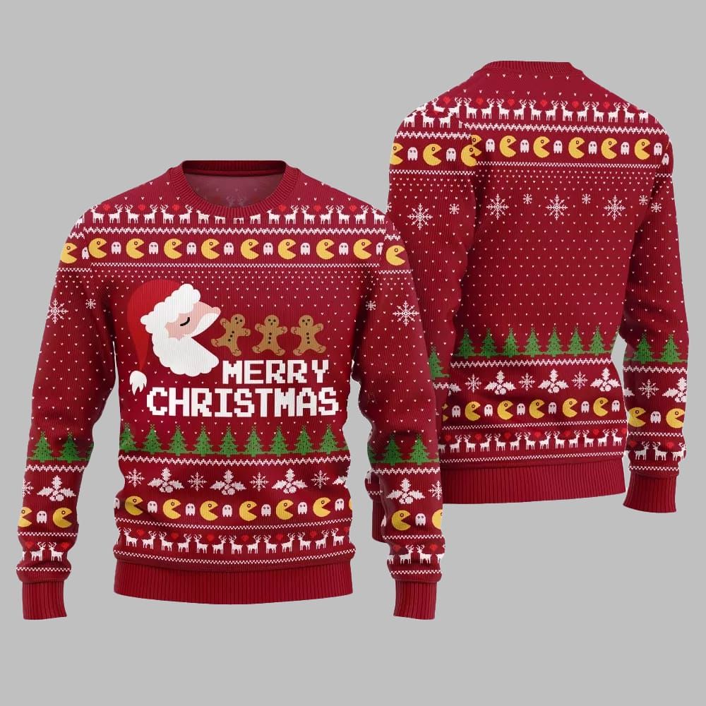 2026 Christmas Bold Pacman Santa Ghost Hunt Ugly Christmas Sweater - Moonbestprint